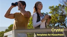  Presentation with forest road - Presentation theme having looking windshield - couple using binoculars while standing background and a tawny brown colored foreground