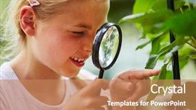  Presentation with child exploring - PPT theme having looks at leaf with loupe background and a coral colored foreground