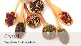  Presentation with bubble tea crystal graphics - Colorful PPT theme enhanced with loose leaf - assortment of dry tea backdrop and a  colored foreground