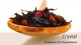  Presentation with black tea - Presentation having loose leaf - black fruit dry tea leaves background and a  colored foreground