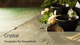  Presentation with loose leaf tea - PPT theme consisting of loose leaf - japanese teapot and cups background and a coral colored foreground