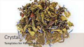 Presentation with green tea - Beautiful PPT layouts featuring loose leaf - pile of aromatic green dry backdrop and a  colored foreground