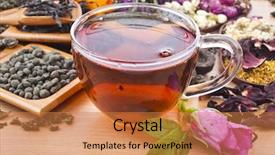  Presentation with tea collection - Presentation design with loose leaf - tea glass cup and collection background and a coral colored foreground