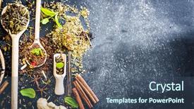  Presentation with loose leaf tea - Audience pleasing PPT theme consisting of loose leaf - virious kinds of tea backdrop and a ocean colored foreground