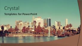  Presentation with downtown los angeles - Audience pleasing PPT theme consisting of los angeles downtown view from park with water reflections backdrop and a seafoam green colored foreground