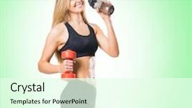  Presentation with light green health and wellbeing - Beautiful presentation design featuring lose up water - fit healthy and sporty woman backdrop and a  colored foreground