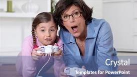  Presentation with family playing board game - Slide set consisting of losing child - mother playing vide-games with daughter background and a ocean colored foreground