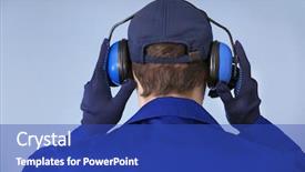  Presentation with hearing loss - Presentation theme enhanced with loss prevention - male worker with headphones background and a cobalt blue colored foreground