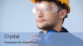  Presentation with hearing - Presentation theme with loss prevention - male worker with headphones background and a light blue colored foreground