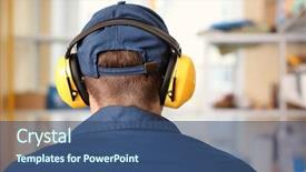  Presentation with hearing loss - Theme consisting of loss prevention - male worker with hearing protectors background and a ocean colored foreground