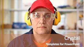  Presentation with worker safety - Slides with loss prevention - male worker with hearing protectors background and a coral colored foreground