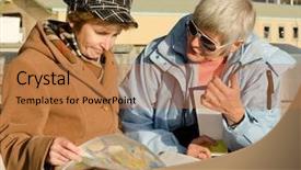  Presentation with dot map - PPT theme consisting of lost city - two female tourists with map background and a  colored foreground