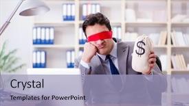  Presentation with office desk reception - Slides having lost coin - blindfold businessman sitting at desk background and a  colored foreground