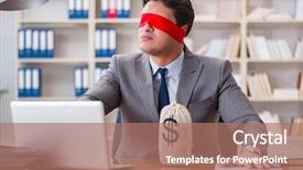  Presentation with office desk reception - Cool new slides with lost coin - blindfold businessman sitting at desk backdrop and a  colored foreground