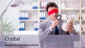 Presentation with office desk reception - Beautiful slide deck featuring lost coin - blindfold businessman sitting at desk backdrop and a  colored foreground