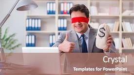  Presentation with desk - Cool new PPT theme with lost coin - blindfold businessman sitting at desk backdrop and a  colored foreground