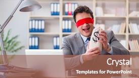  Presentation with office desk reception - Cool new slide set with lost coin - blindfold businessman sitting at desk backdrop and a  colored foreground