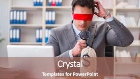  Presentation with office desk reception - Presentation design enhanced with lost coin - blindfold businessman sitting at desk background and a  colored foreground