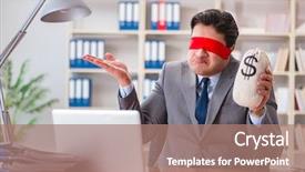  Presentation with office desk reception - Slides with lost coin - blindfold businessman sitting at desk background and a  colored foreground