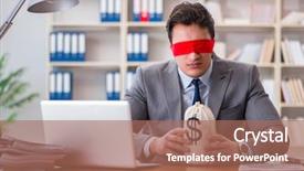  Presentation with desk - Cool new PPT theme with lost coin - blindfold businessman sitting at desk backdrop and a  colored foreground