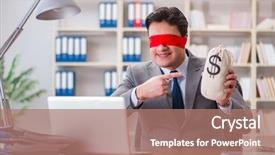  Presentation with desk - Cool new theme with lost coin - blindfold businessman sitting at desk backdrop and a  colored foreground