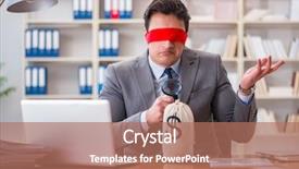  Presentation with office desk reception - Theme with lost coin - blindfold businessman sitting at desk background and a  colored foreground