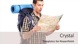  Presentation with lost - PPT layouts with lost hiker looking at map background and a soft green colored foreground