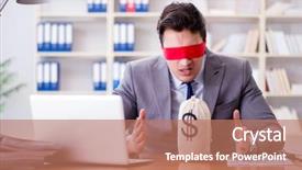  Presentation with desk - Slides consisting of lost money - blindfold businessman sitting at desk background and a  colored foreground