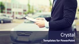  Presentation with ownership - Slide set with rental cars parking lot - transportation and ownership concept background and a navy blue colored foreground