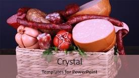  Presentation with sausages - Presentation design consisting of lot of different sausages in basket on wooden table on black background background and a coral colored foreground