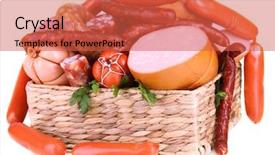  Presentation with sausages - Audience pleasing theme consisting of lot of different sausages in basket isolated on white backdrop and a red colored foreground