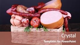  Presentation with sausages - Audience pleasing PPT layouts consisting of lot of different sausages in basket on wooden table on black background backdrop and a coral colored foreground