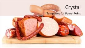  Presentation with sausages - Cool new PPT theme with lot of different sausages on wooden board isolated on white backdrop and a coral colored foreground