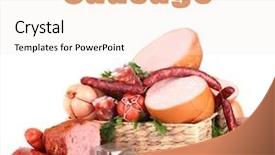  Presentation with sausages - Presentation theme featuring lot of different sausages in basket isolated on white background and a sky blue colored foreground