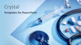  Presentation with syringe - Amazing presentation theme having lot-of-pills-with-syringe backdrop and a light blue colored foreground