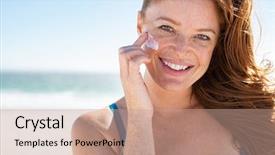  Presentation with lotion - PPT theme featuring lotions - smiling young woman applying sunscreen background and a coral colored foreground