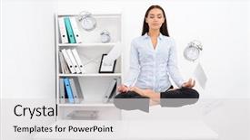 Presentation with woman office desk - Presentation theme having lotos position with flying objects background and a light gray colored foreground