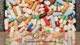  Presentation with medicines - Beautiful slide deck featuring lots-of-colorful-medicines-drugs backdrop and a coral colored foreground