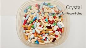  Presentation with medicines - Colorful presentation enhanced with lots-of-colorful-medicines-drugs backdrop and a soft green colored foreground