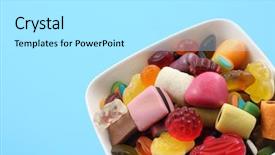  Presentation with jelly - Colorful presentation enhanced with lots of various jelly beans in bowl blue background backdrop and a arctic colored foreground