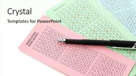  Presentation with lottery - Audience pleasing presentation design consisting of lottery tickets and pen isolated on white backdrop and a soft green colored foreground