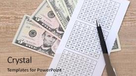  Presentation with lottery - Theme having lottery tickets with pen and money on wooden background background and a coral colored foreground