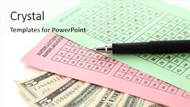  Presentation with lottery - Theme enhanced with lottery tickets with pen and money isolated on white background and a soft green colored foreground