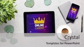  Presentation with online app - Slide set enhanced with different devices with online casino background and a mint green colored foreground