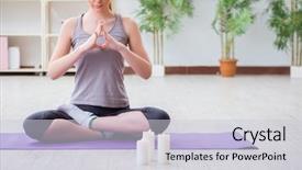  Presentation with young sing woman singing young - Slide deck having lotus pose meditating in spa background and a  colored foreground