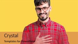  Presentation with elegant man in glasses optics - Cool new slides with loud because funny crazy joke backdrop and a red colored foreground