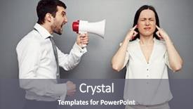  Presentation with angry - Slide set consisting of loud person - angry man screaming in megaphone background and a gray colored foreground