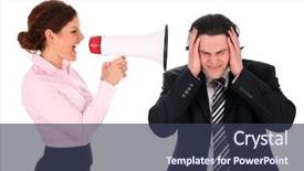  Presentation with businessman loses - Presentation theme with loud person - businesswoman with megaphone yelling background and a  colored foreground
