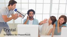  Presentation with yelling - Audience pleasing presentation consisting of loud person - man yelling through a megaphone backdrop and a  colored foreground