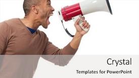  Presentation with young man holdng laptop on lap money - Presentation theme having loud person - young man shouting through megaphone background and a light gray colored foreground